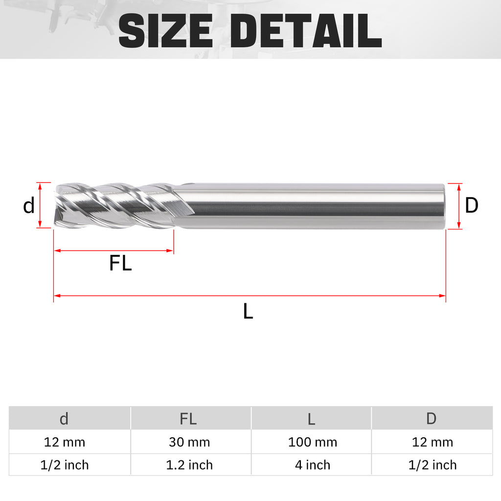 PQYTOOL Cermet End Mill 4 Flutes D(d)12*L100*FL30 For Milling Machine