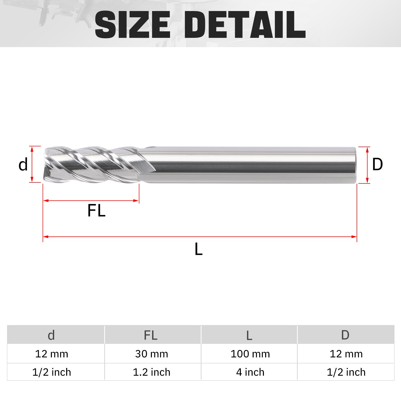 PQYTOOL Cermet End Mill 4 Flutes D(d)12*L100*FL30 For Milling Machine