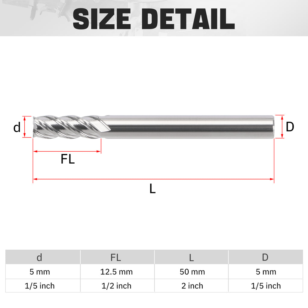 PQYTOOL Cermet End Mill 4 Flutes D(d)5*L50*FL12.5 For Milling Machine