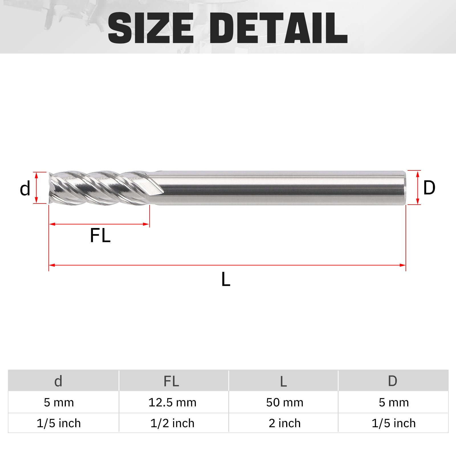 PQYTOOL Cermet End Mill 4 Flutes D(d)5*L50*FL12.5 For Milling Machine