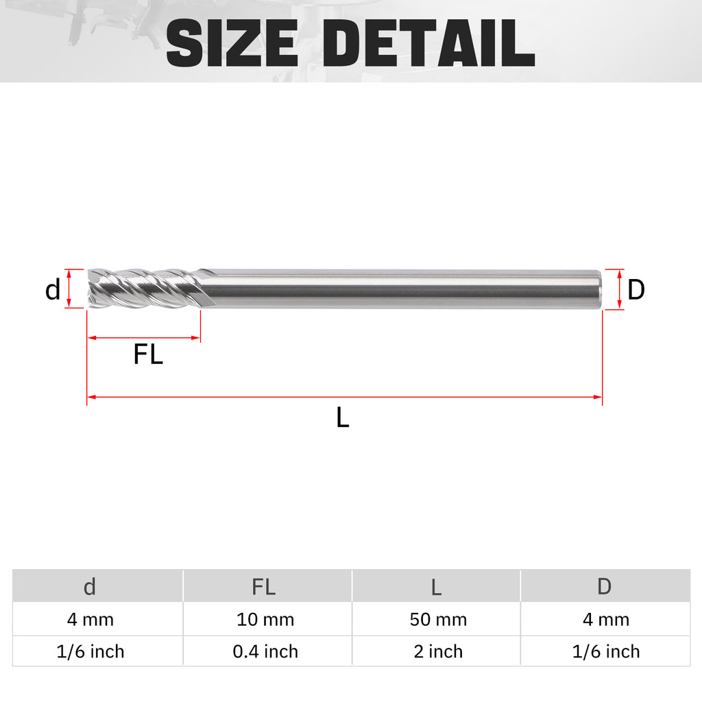 PQYTOOL Cermet End Mill 4 Flutes D(d)4*L50*FL10 For Milling Machine