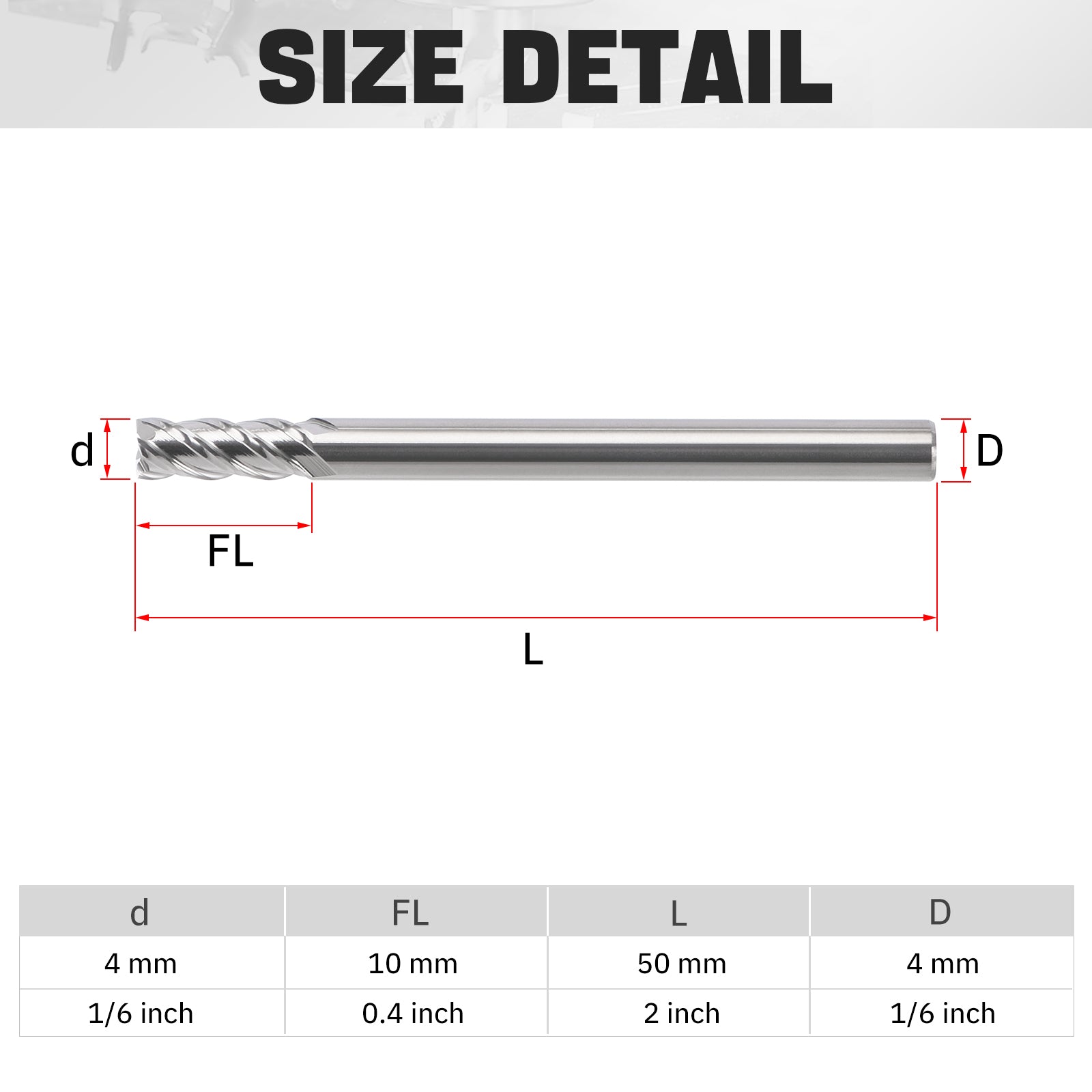 PQYTOOL Cermet End Mill 4 Flutes D(d)4*L50*FL10 For Milling Machine