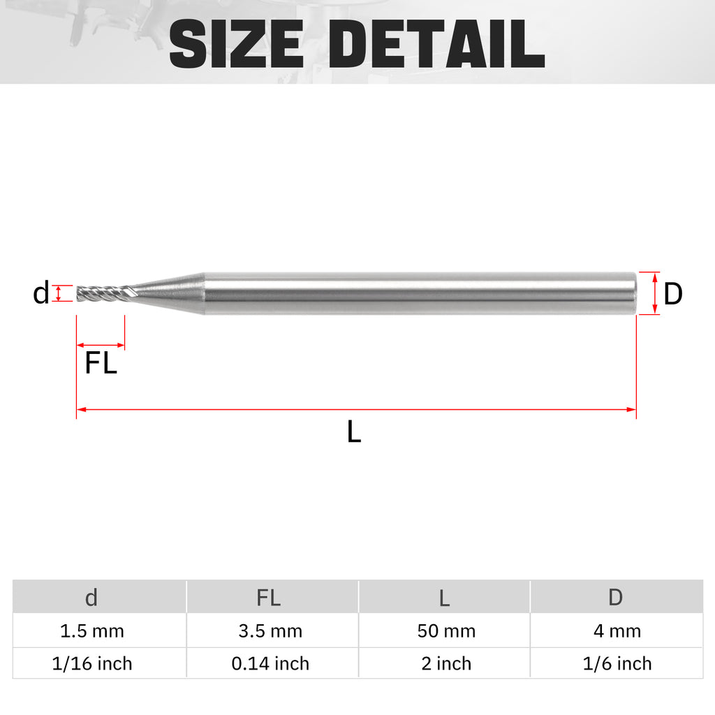 PQYTOOL Cermet End Mill 4 Flutes 1.5*L50*FL3.5 For Milling Machine