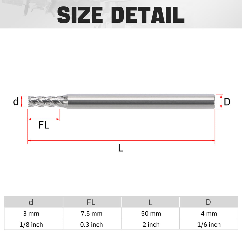 PQYTOOL Cermet End Mill 4 Flutes D4(d)3*L50*FL7.5 For Milling Machine