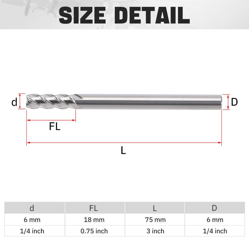 PQYTOOL Cermet End Mill 4 Flutes D(d)6*L75*FL18 For Milling Machine