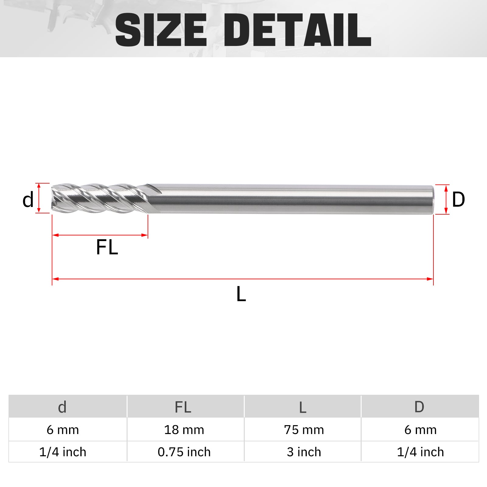 PQYTOOL Cermet End Mill 4 Flutes D(d)6*L75*FL18 For Milling Machine